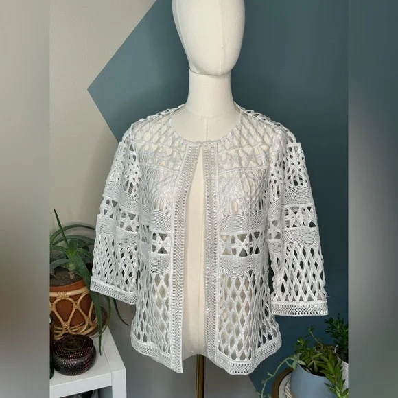 Chico’s Travelers White Open Knit Cardigan Sheer Crochet 3/4 Sleeve Jacket 4/6P - Picture 2 of 11